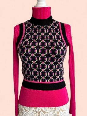 Black and Neon Geometric Print Cropped Sweater Vest M